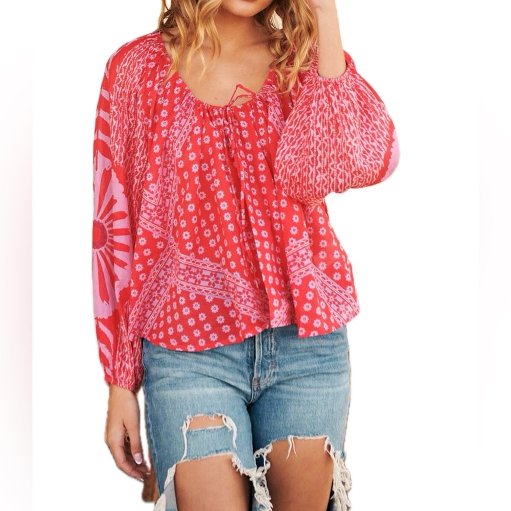 FREE PEOPLE Boho Floral Printed Flowy Blouse - Size XS - Red Combo - NWT - Picture 13 of 16